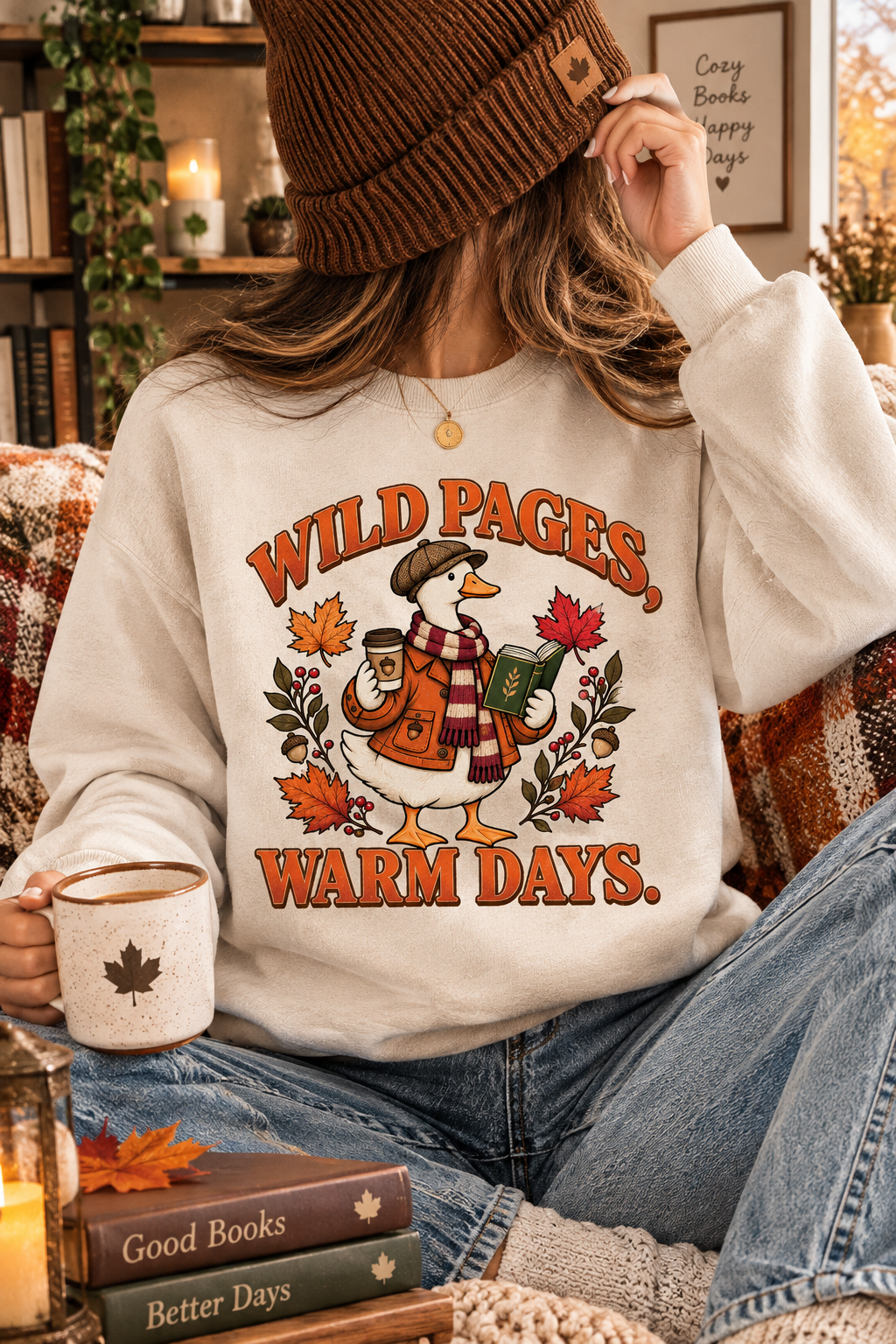 Wild Pages, Warm Days | Cozy Autumn Goose Reading Design – T-Shirt Design