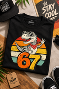 Women's Cool Dino 67 Retro Sunset Cartoon V-Neck T-Shirt