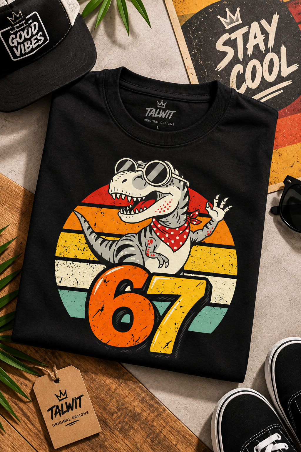 Women's Cool Dino 67 Retro Sunset Cartoon V-Neck T-Shirt