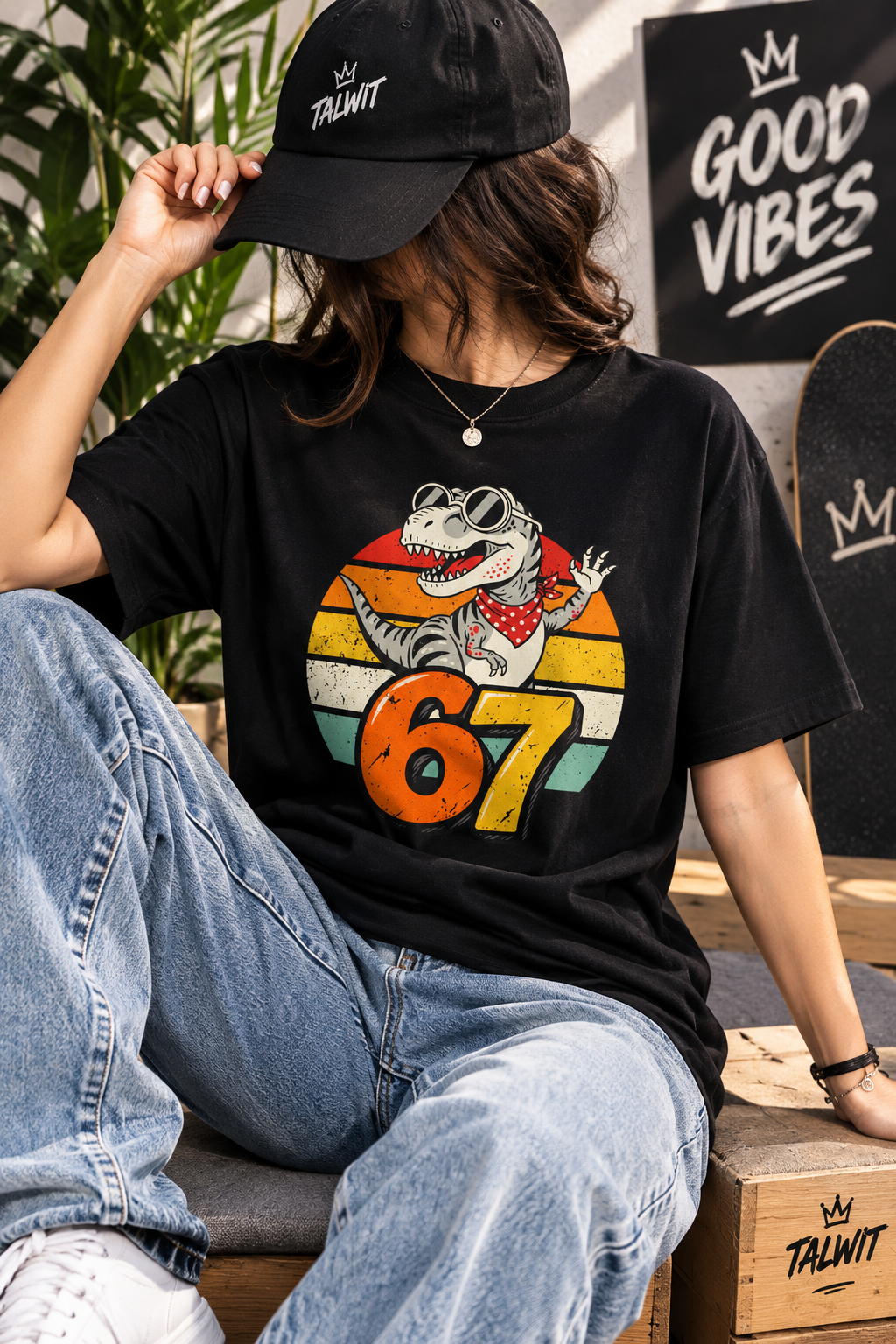 Women's Cool Dino 67 Retro Sunset Cartoon V-Neck T-Shirt