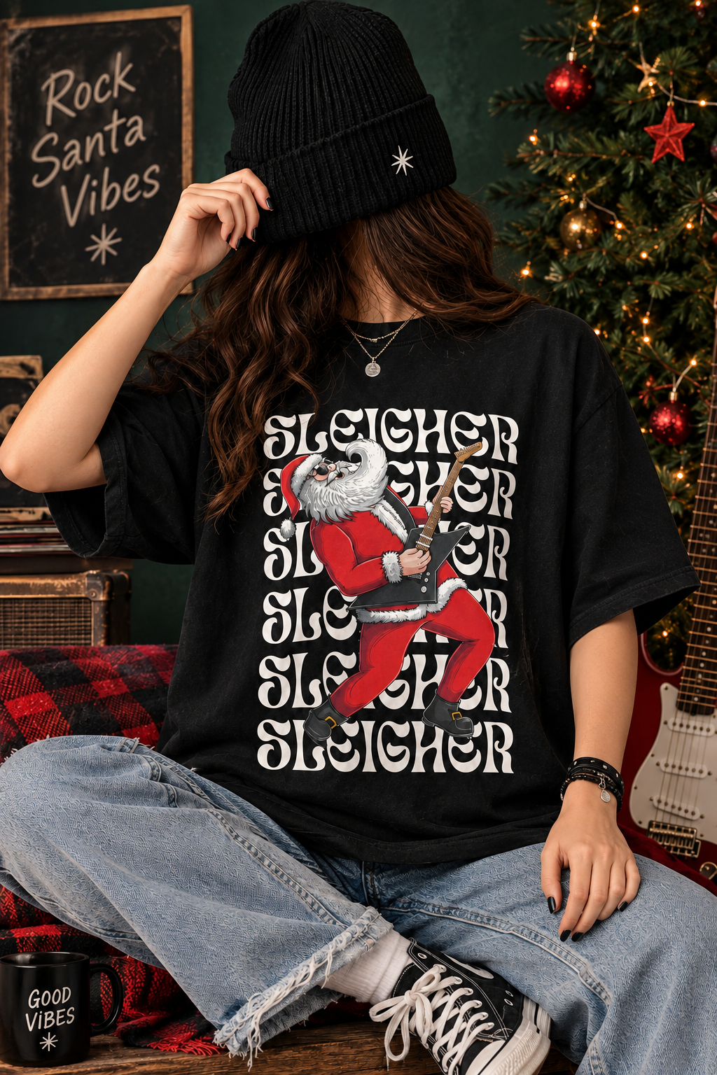 Sleigher Santa Christmas Rocker | Retro Christmas T-Shirt Design