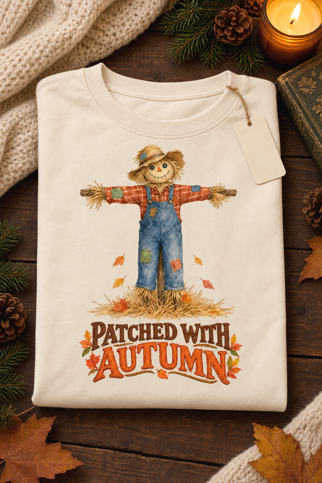 Patched With Autumn – Cozy Fall Scarecrow T-Shirt Design