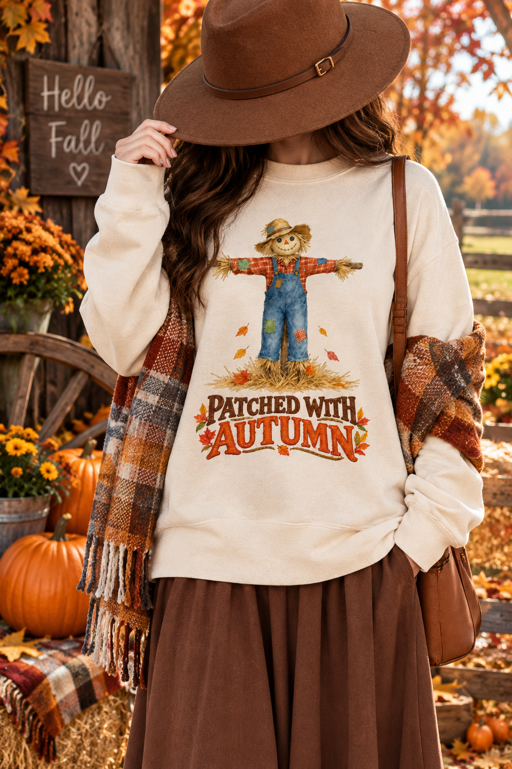 Patched With Autumn – Cozy Fall Scarecrow T-Shirt Design