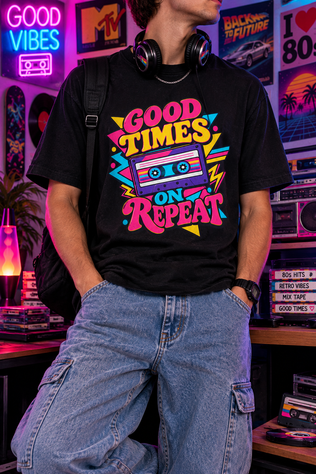 Good Times On Repeat – Retro 80s Cassette T-Shirt Design