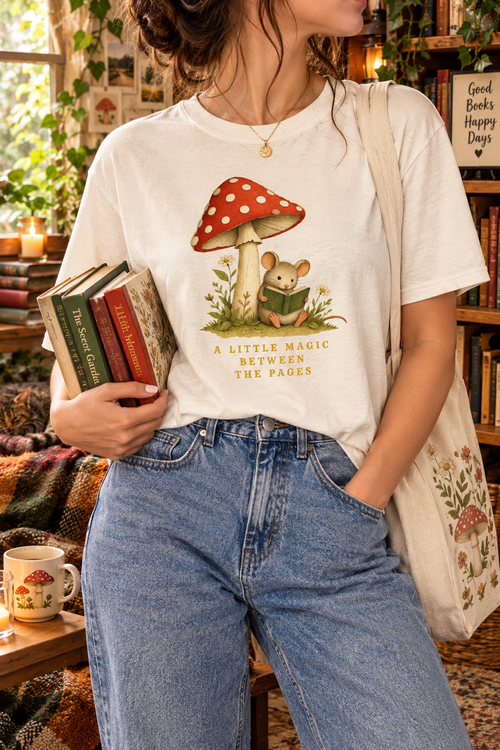 A Little Magic Between the Pages – Cozy Woodland Reading T-Shirt Design