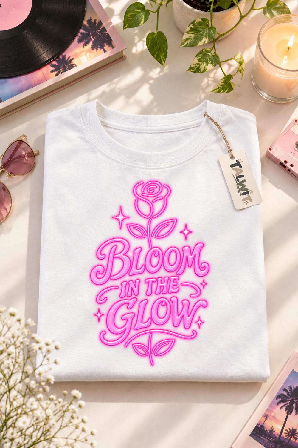 Bloom in the Glow | 80s Retro Neon Floral Design – T-Shirt Design