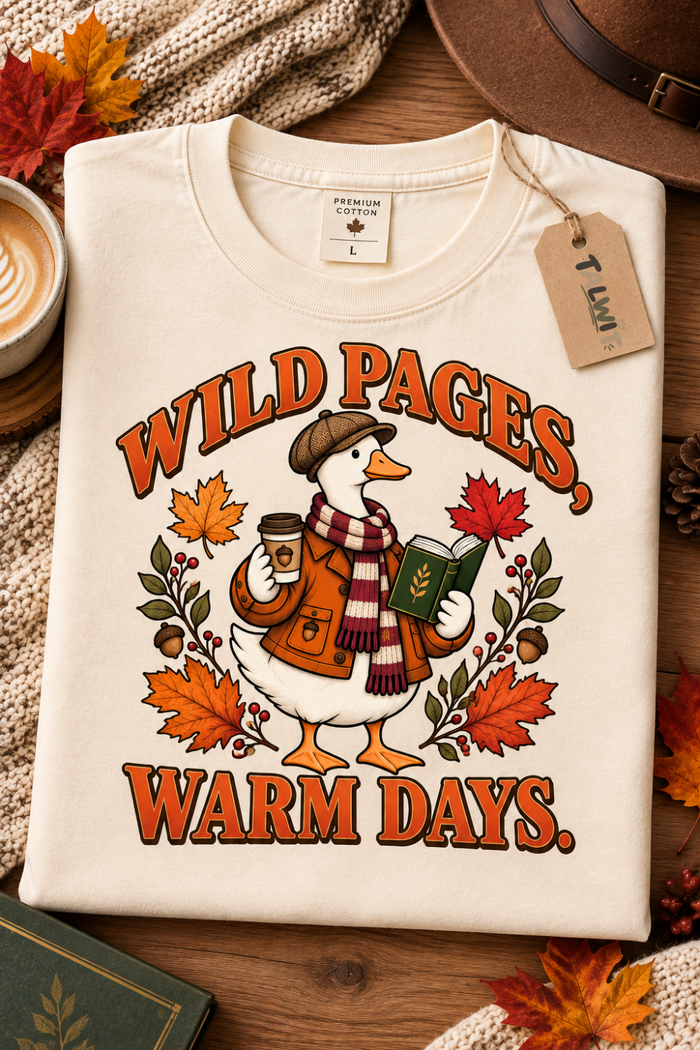 Wild Pages, Warm Days | Cozy Autumn Goose Reading Design – T-Shirt Design